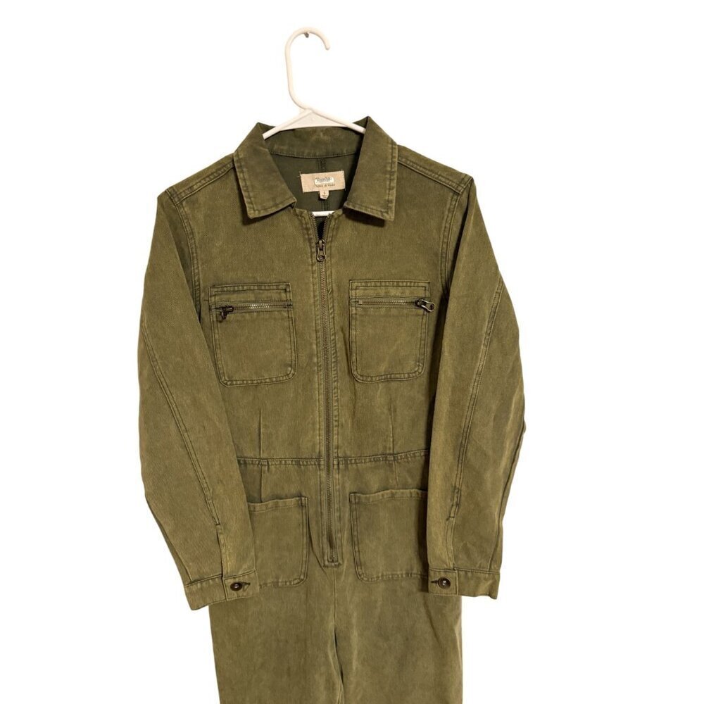 Chelsea & Violet Olive Green Utility Style Jumpsuit Zip Front Four Pockets Small - Picture 2 of 8